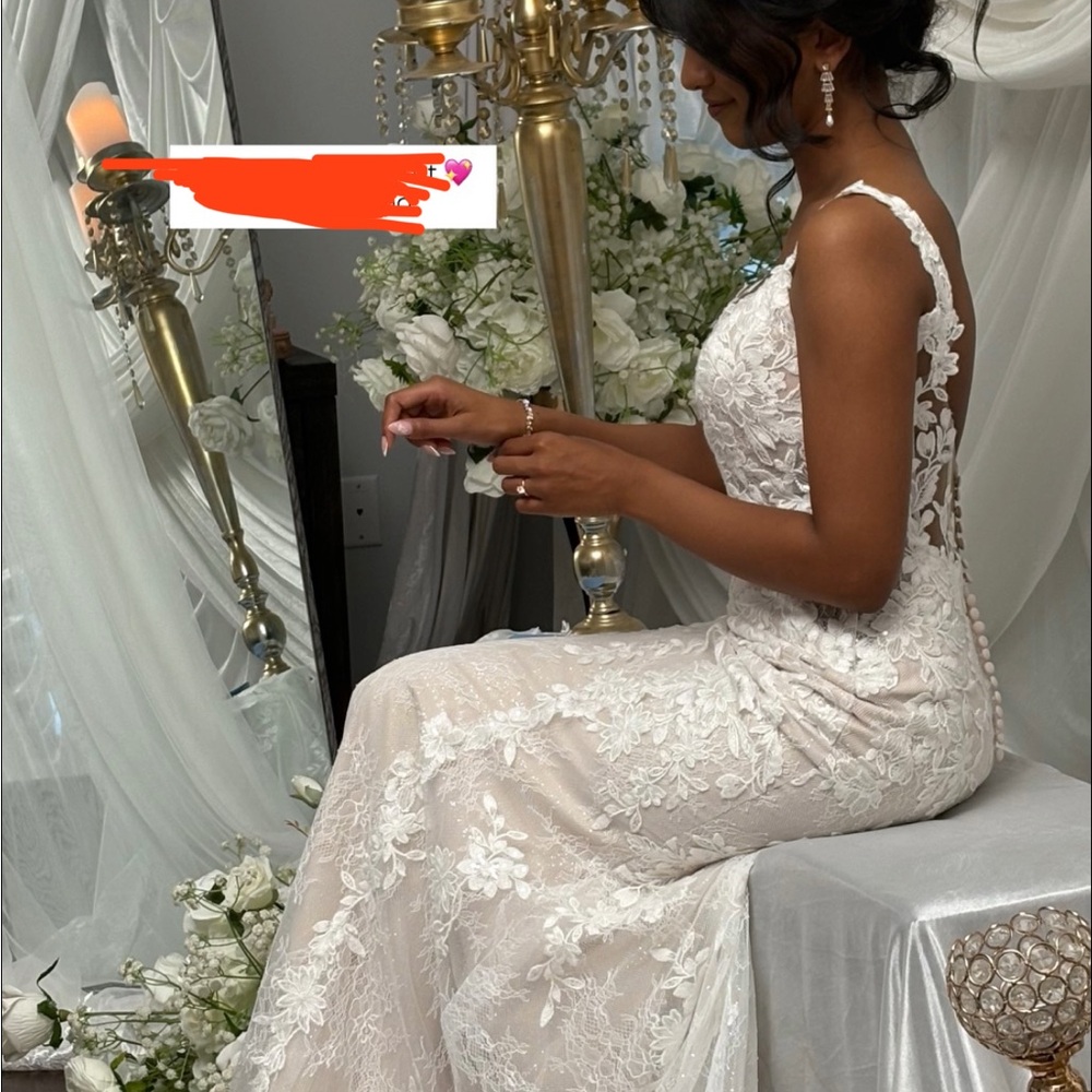 Stella York Lace Wedding Dress in White and Biscotti Cream